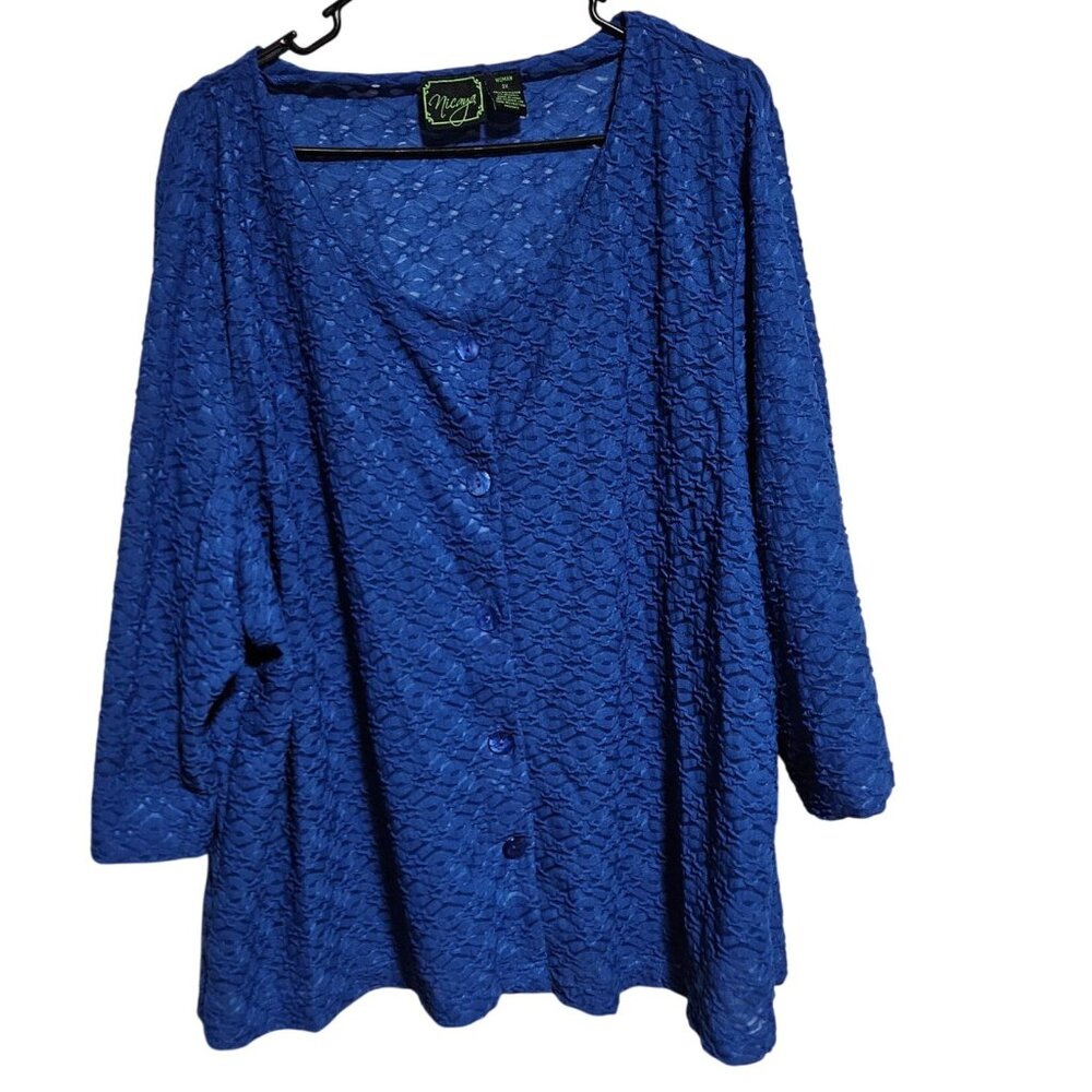 Nicaya Blue Textured Button Up Shirt  Womens Plus Size 3X Layering Piece Casual